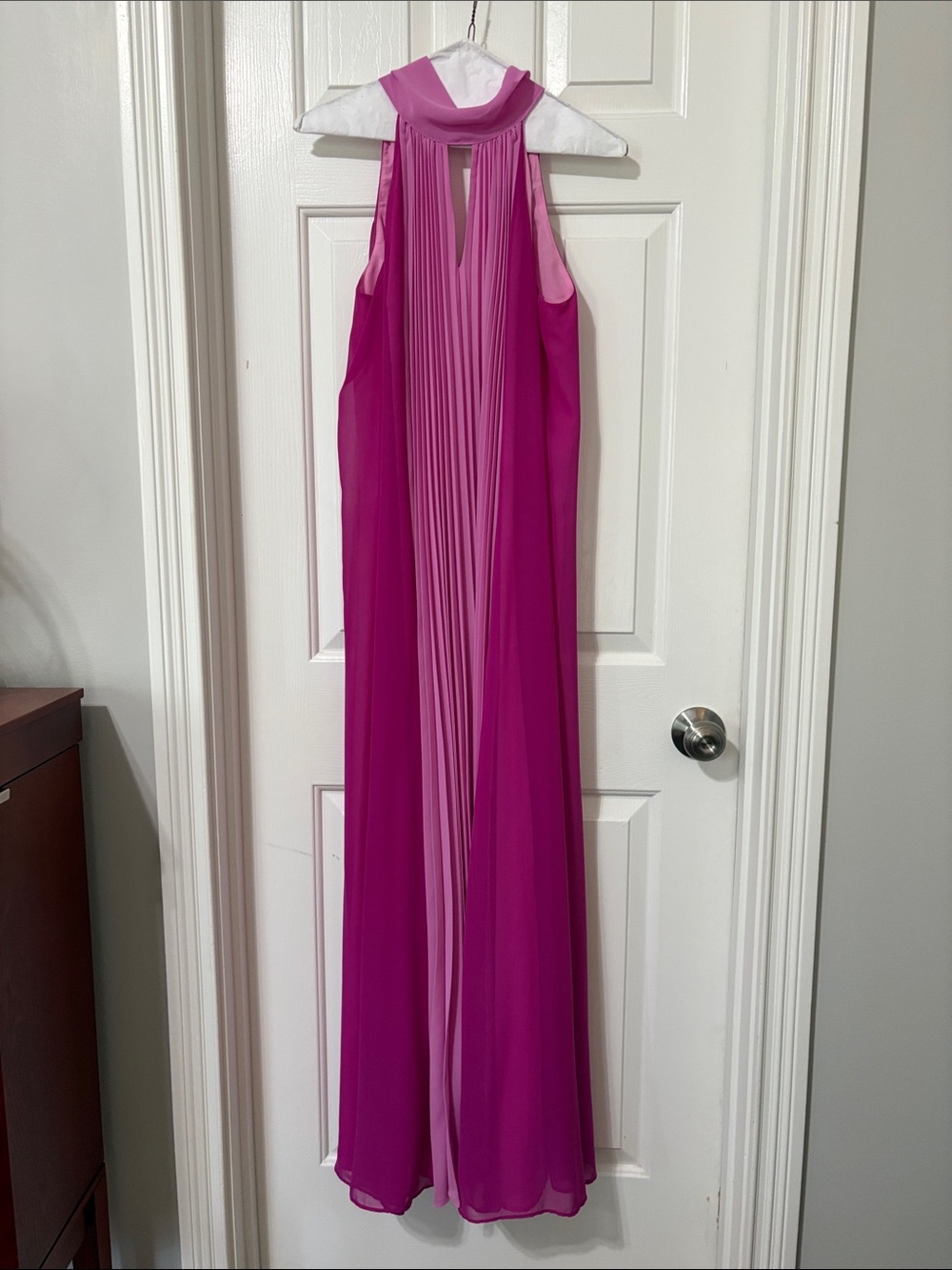 Maggy London Hot Pink Pleated Halter Maxi Dress